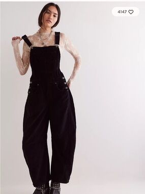 Free People Black Corduroy Wide-Leg Overalls NWT S